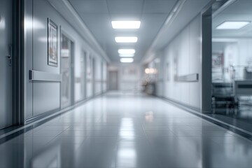 Illuminated hospital corridor with doors and medical equipment in view