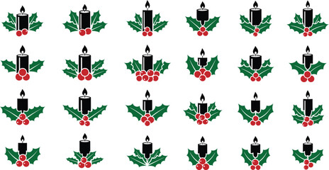 Minimalist black candle with holly leaves icon set, festive vector design, stylized symmetrical shapes, clean sharp lines, modern Christmas decoration art