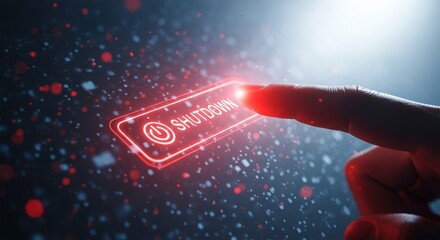 A finger presses a red shutdown button, symbolizing system termination or power off