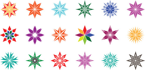 Minimalist black Christmas star icon set, geometric and abstract festive symbols, modern flat vector design, clean lines, high contrast, symmetry art