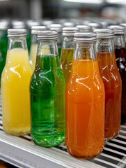 Various colorful soda bottles on a refrigerated display.
