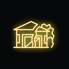 Bright yellow neon icon of a damaged house is glowing on a black background