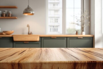 Rustic wood table in front of a bright, modern kitchen with window light