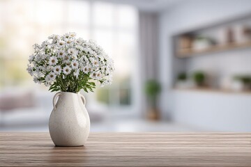Delicate white flowers in a speckled vase on a wooden table