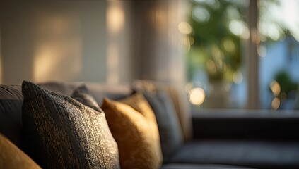 Cozy living room with soft pillows and warm sunlit bokeh