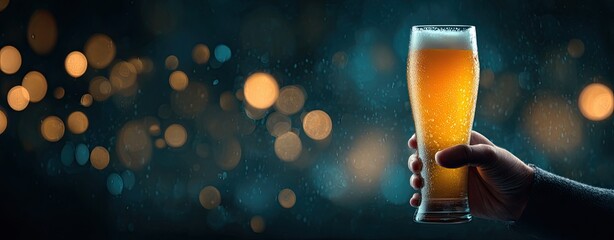 A hand holds a tall glass of beer with a frothy head against bokeh lights