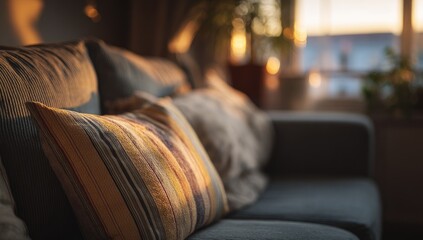 Cozy living room sofa bathed in warm, soft evening light