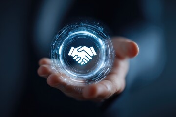 Hand holding digital handshake icon, symbolizing connection and agreement