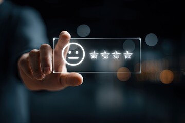 Hand rating a customer experience with a neutral facial expression and stars