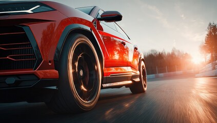 Red performance vehicle on a sunny track, motion blurred