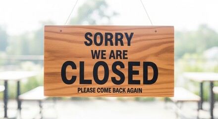 A wooden sign with sorry we are closed hangs, indicating business closure