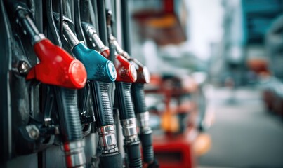 Close up of colorful gas pump nozzles at a station