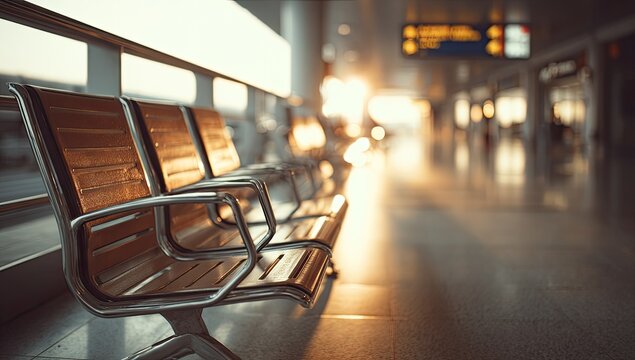 Empty airport seating bathed in warm golden hour sunlight
