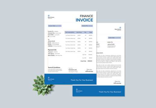 Modern Blue and White Finance Invoice and Letterhead Design Template