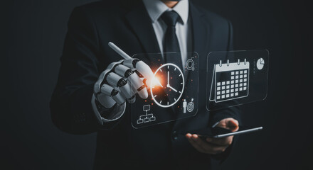 A futuristic concept: A robotic arm, integrated into the hand of a businessperson, interacts with a digital display showcasing scheduling and calendar data.