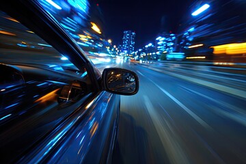Car speeding down a city street at night, streaks of light blur