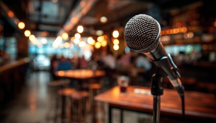 Microphone on stand in a dimly lit, blurred bar with tables