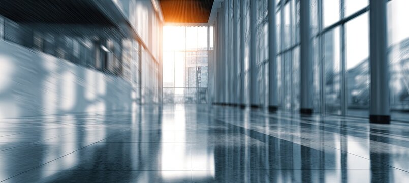 Sunlit modern architectural interior with reflective floors