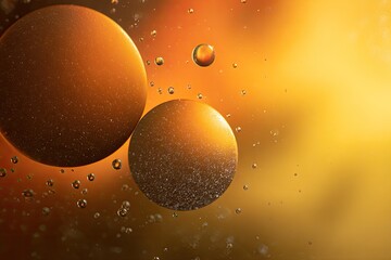 Abstract spheres of oil and water suspended in a warm, vibrant liquid
