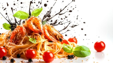 Fresh Pasta with Shrimp, Cherry Tomatoes, Basil, and Olive Oil Splash on White Background