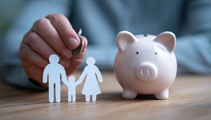 Piggy bank and family figurines with hand inserting coin