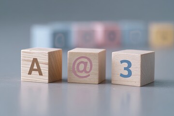 Wooden blocks display letter A, at symbol, and number 3