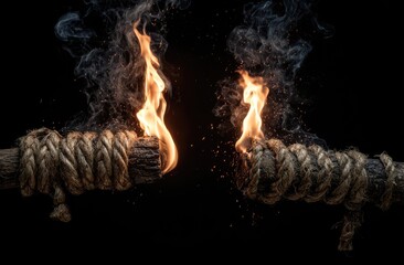 Two ropes fraying and burning, with smoke and sparks