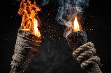 Two torches burning brightly with smoke against black backdrop