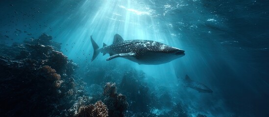 Majestic whale shark glides through sunlit coral reef waters