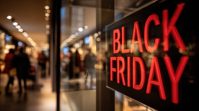Illuminated BLACK FRIDAY sign in store window with blurred background of shoppers in busy mall. Perfect for sale promotions, discount events and retail concepts