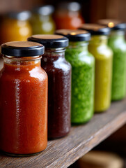 Colorful jars of sauces on a wooden kitchen shelf.