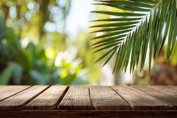 Rustic wooden table in front of a lush green tropical garden blur