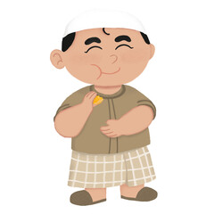 Happy Muslim Boy Eating Nastar Cookie During Eid Celebration | Eid Celebration Illustration | Cute Hand-Drawn Digital Illustration
