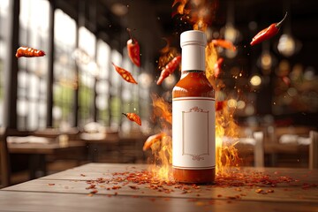 Spicy sauce bottle with chilies and flames on table