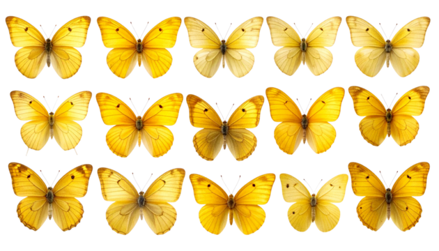  Set of Bright Yellow Butterflies on White or Transparent Background PNG