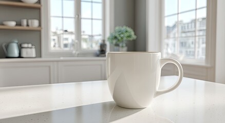 Bright kitchen scene with a white mug on a speckled countertop