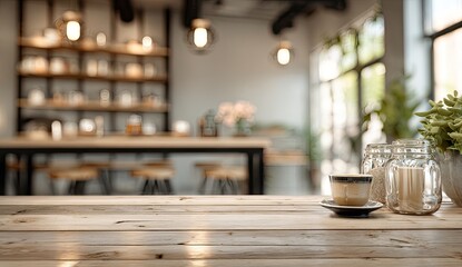 Cozy cafe interior with warm lighting and a steaming cup of coffee