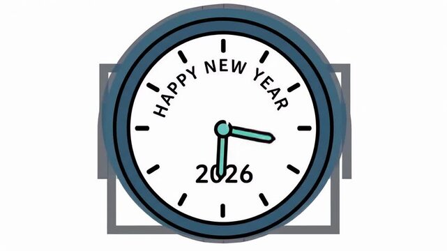 Clock showing the time approaching midnight, with "Happy New Year 2026" displayed on the clock face.