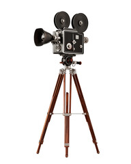 Vintage film camera on wooden tripod isolated