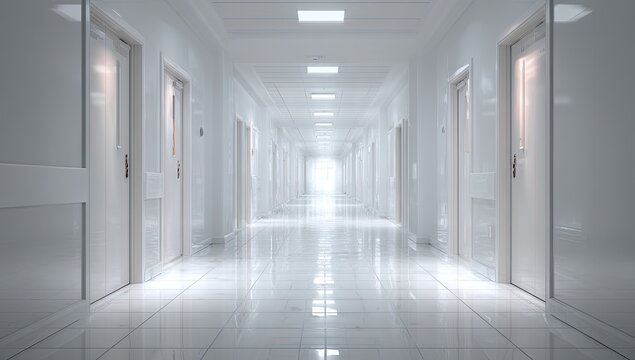 Bright, sterile corridor with many closed doors receding into light
