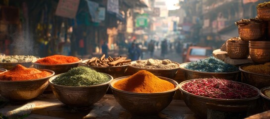 Colorful spice market stall displaying mounds of vibrant spices in rustic bowls