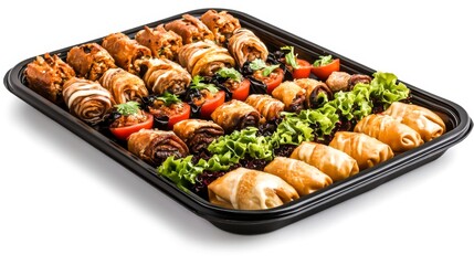 Assorted Appetizers on a Platter with Fresh Vegetables and Savory Pastries