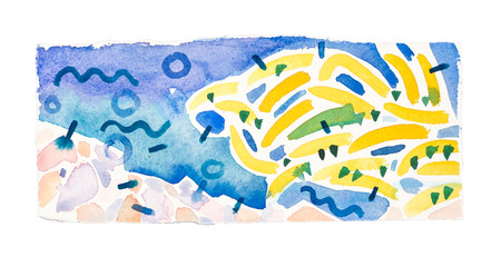 Abstract watercolor painting of yellow flowering tree, sea coast. Modern naive art, expressive brushstrokes, organic shapes, bright summer colors. Mediterranean landscape and sunlight.