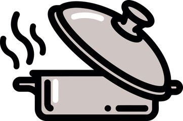 Simple vector icon of a steaming cooking pot with an open lid.