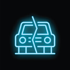 Glowing blue neon icon of a car breaking apart, symbolizing a car crash