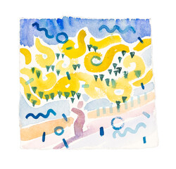 Abstract watercolor painting of yellow flowering tree, sea coast. Modern naive art, expressive brushstrokes, organic shapes, bright summer colors. Mediterranean landscape and sunlight. © Design Couple