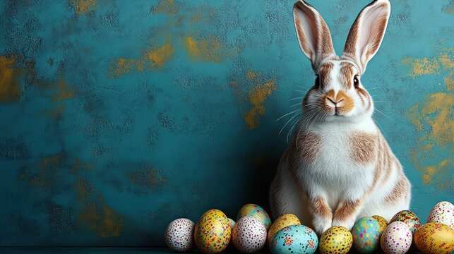 A fluffy rabbit sits happily among bright, decorated easter eggs on a striking backdrop