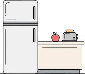 Kitchen appliances including a refrigerator and toaster with an apple on the counter.