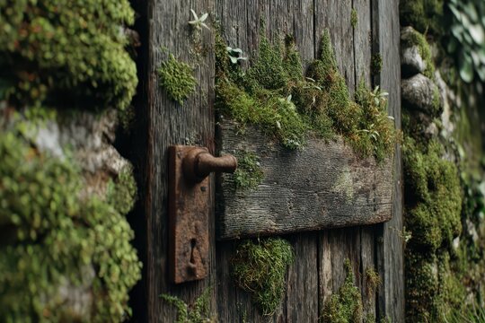 Mossy Doorway: A rustic wooden door overtaken by vibrant green moss, featuring an aged metal handle and a whimsical, overgrown charm. - Powered by Adobe