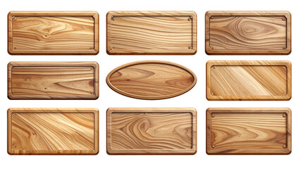  Set of Carved Wooden Nameplates Isolated on Transparent Background PNG
